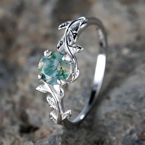 Moss Agate Leaf Ring in 925 Sterling Silver