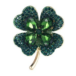 Green Clover Leaf Rhinestone Brooch Pin - Lucky Charm