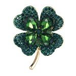 Green Clover Leaf Rhinestone Brooch Pin - Lucky Charm