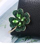 Green Clover Leaf Rhinestone Brooch Pin - Lucky Charm