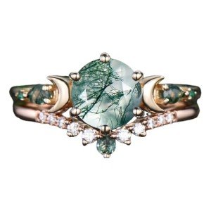 Rose Gold 2CT Moss Agate Engagement Ring Set