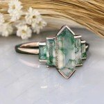 Retro Green Moss Agate Hexagon Ring in Silver