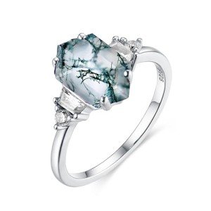 Moss Agate Hexagon Ring in 925 Sterling Silver