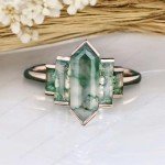 Retro Green Moss Agate Hexagon Ring in Silver