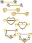 Gold CZ Heart Nipple Tongue Rings - 4 Pairs