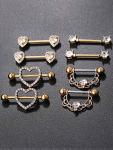 Gold CZ Heart Nipple Tongue Rings - 4 Pairs