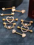 Gold CZ Heart Nipple Tongue Rings - 4 Pairs