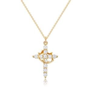 14K Gold Plated Crown Cross Necklace for Women