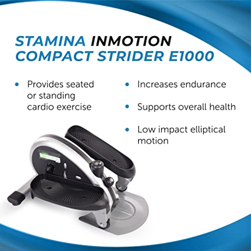 Stamina InMotion E1000 Compact Strider - Seated Elliptical with Smart Workout App - Foot Pedal Exerciser for Home Workout - Up to 250 lbs Weight Capacity - Silver