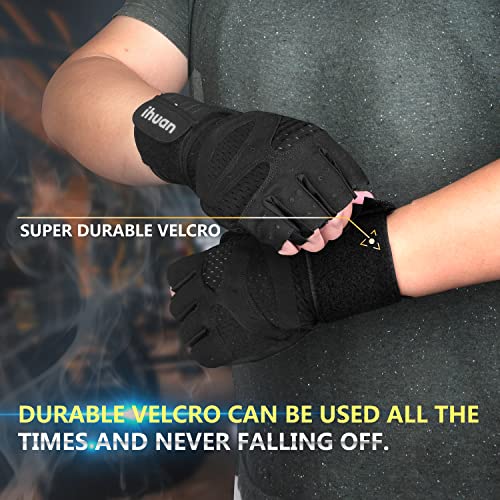 ihuan Ventilated Weight Lifting Gym Workout Gloves Full Finger with Wrist Wrap Support for Men & Women, Full Palm Protection, for Weightlifting, Training, Fitness, Hanging, Pull ups