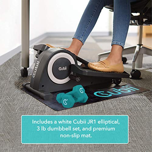 Cubii JR1, Under Desk Elliptical, Bundle w/Mat & Dumbbells, Bike Pedal Exerciser, Work from Home Fitness, Mini Elliptical Machine, Exerciser for Seniors, Desk Exercise, White…
