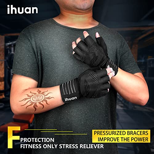 ihuan Ventilated Weight Lifting Gym Workout Gloves Full Finger with Wrist Wrap Support for Men & Women, Full Palm Protection, for Weightlifting, Training, Fitness, Hanging, Pull ups