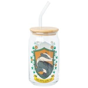 Hufflepuff House Crest Glass Tumbler with Straw