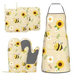 Cute Bees and Sunflowers Kitchen Mitts and Apron Set