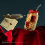 JoyJolt Harry Potter House Crests Glass Tumblers with Lids and Straws, 16oz Glass Cups with Lids and Straws, Can Shaped Drinking Glasses Set of 4, Hogwarts Cup, Harry Potter Merchandise