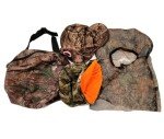 Camo Hunting Gear Set: Hat, Face Net, Bag