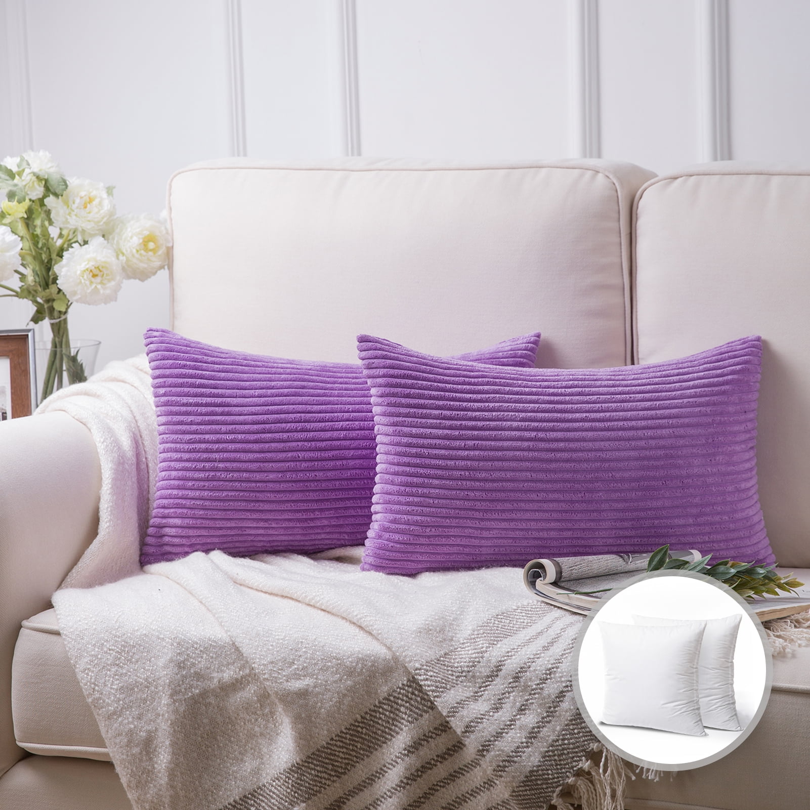 Violet Purple Striped Velvet Throw Pillow Set