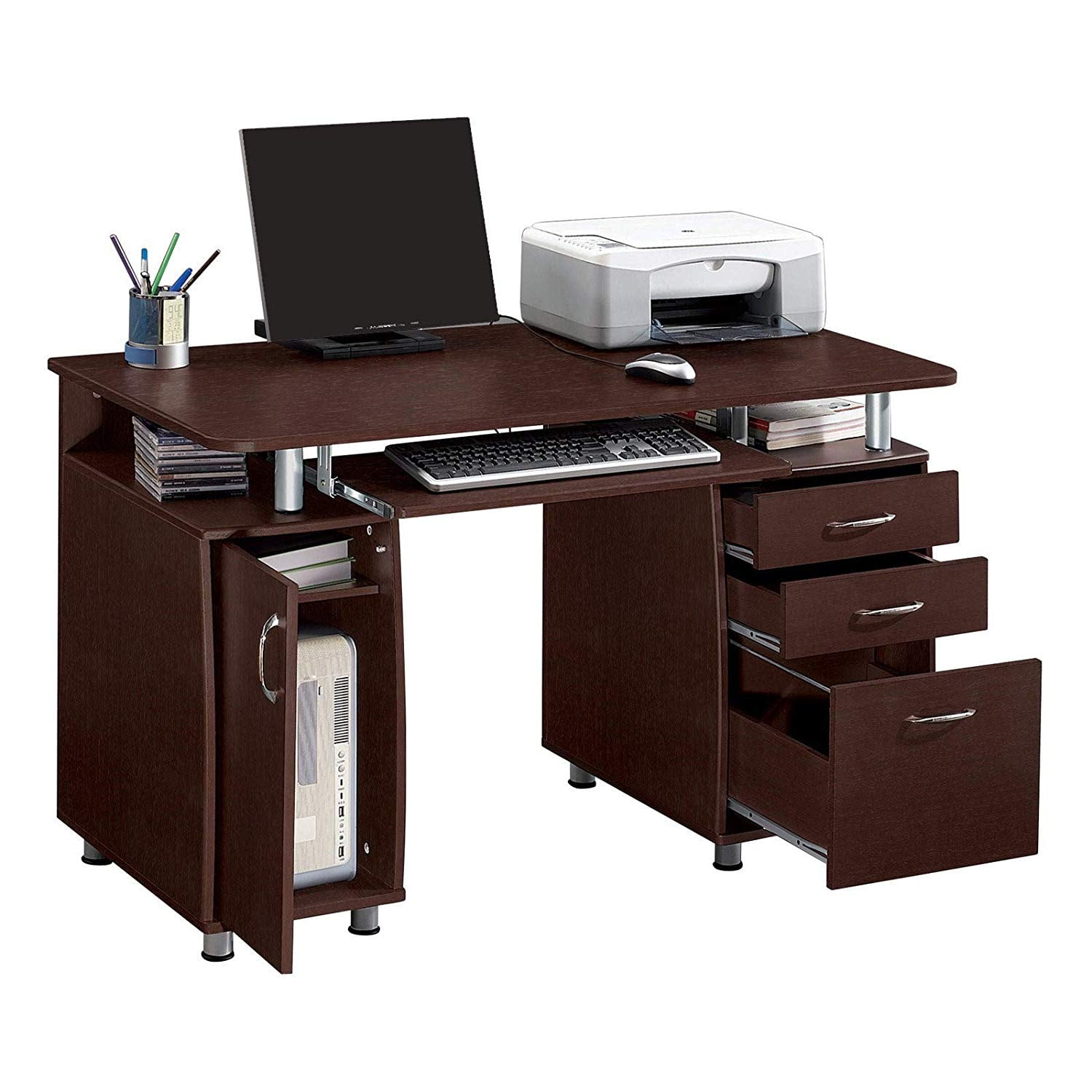 Brown Computer Desk with Bookcase and Drawers
