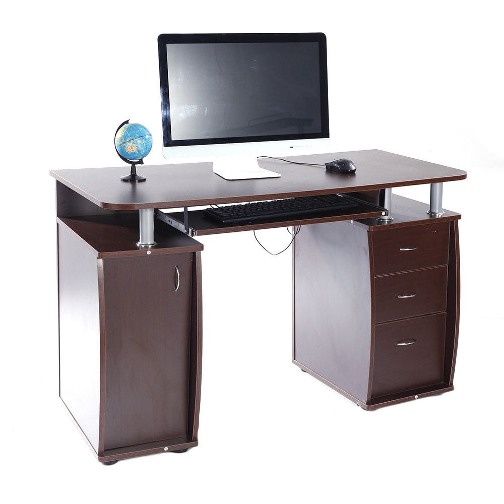 Brown Computer Desk with Bookcase and Drawers