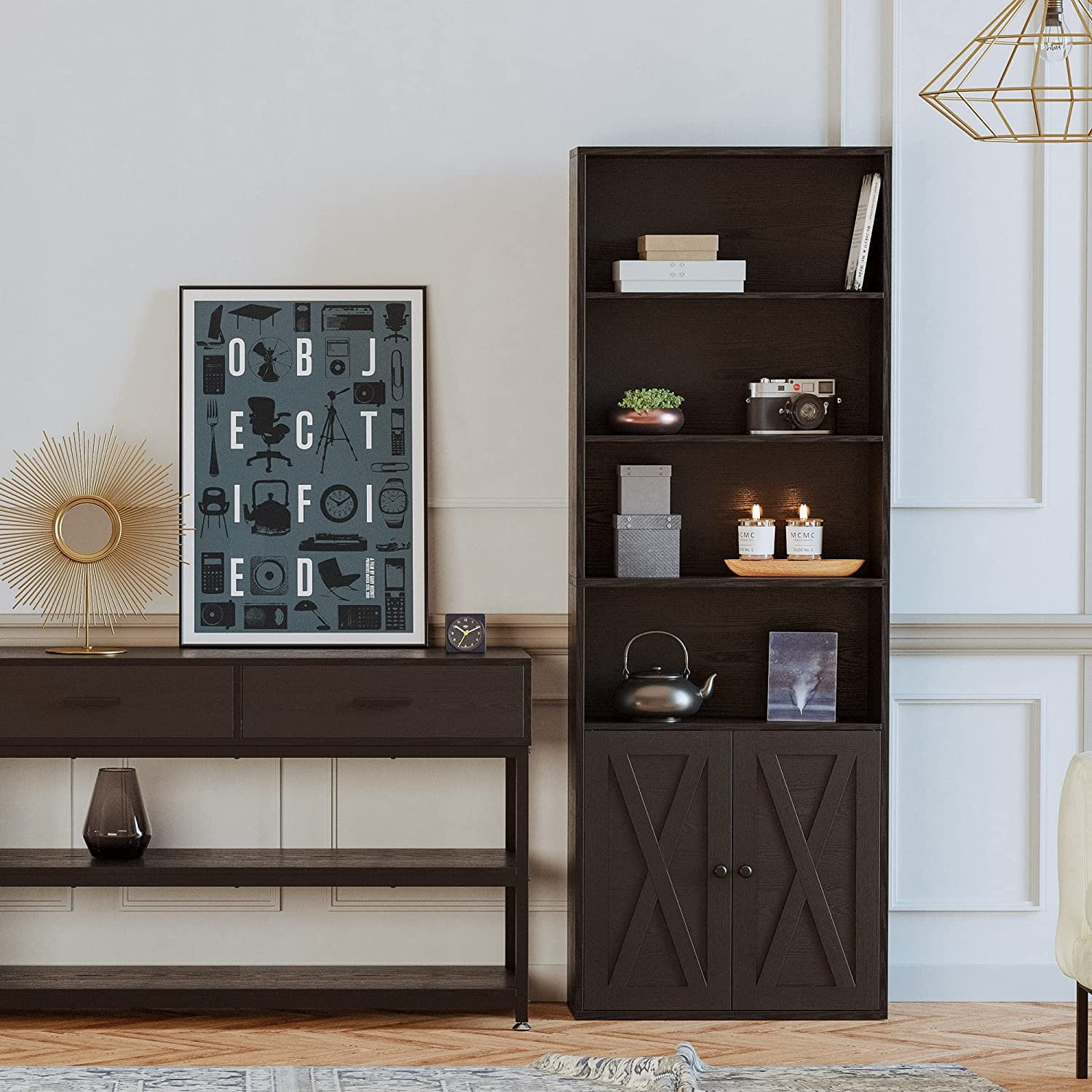Industrial 6-Shelf Bookcase with Doors