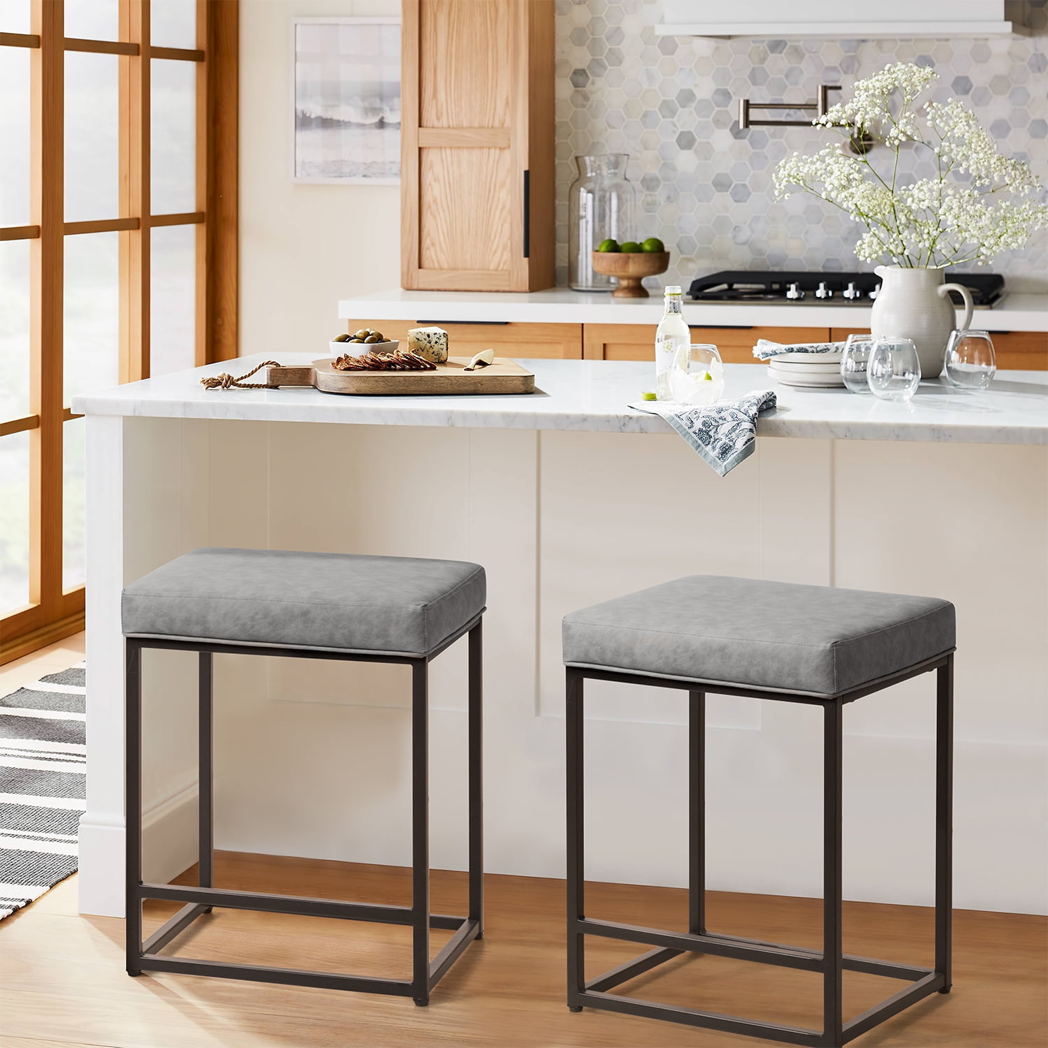 Homall Black Upholstered Stool Set (2)