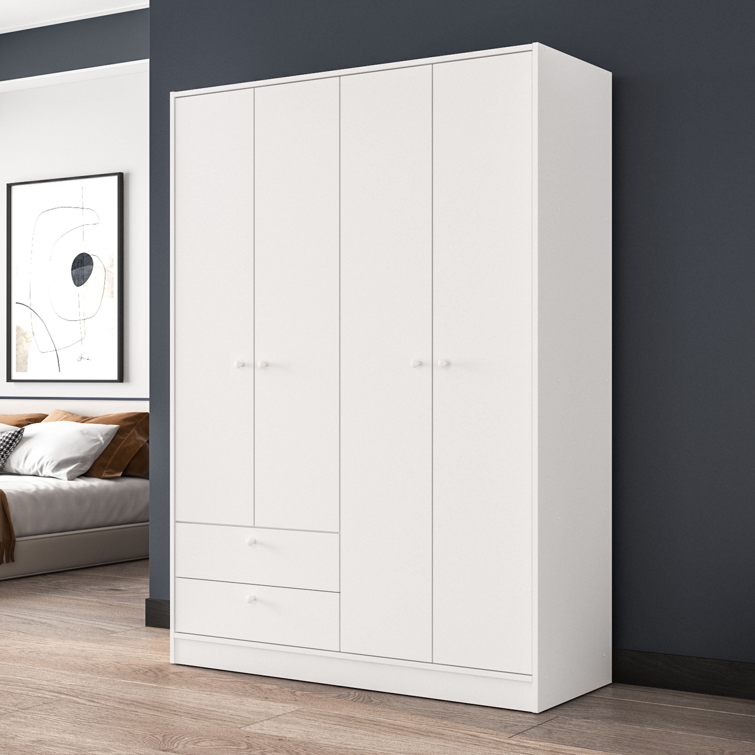 Polifurniture Denmark 4 Door Bedroom Armoire with Drawers, White