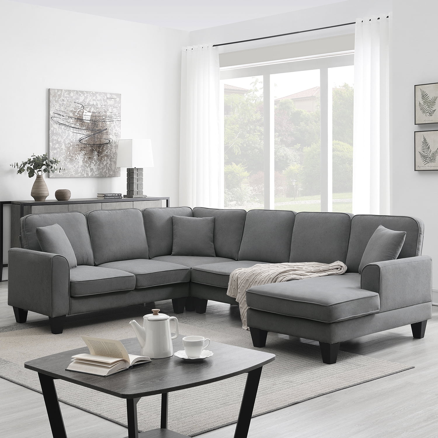 Green Modular Sectional Sofa with Ottoman, 7 Seats