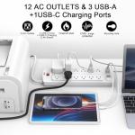 ALESTOR Surge Protector Power Strip, 12 Outlets, 4 USB