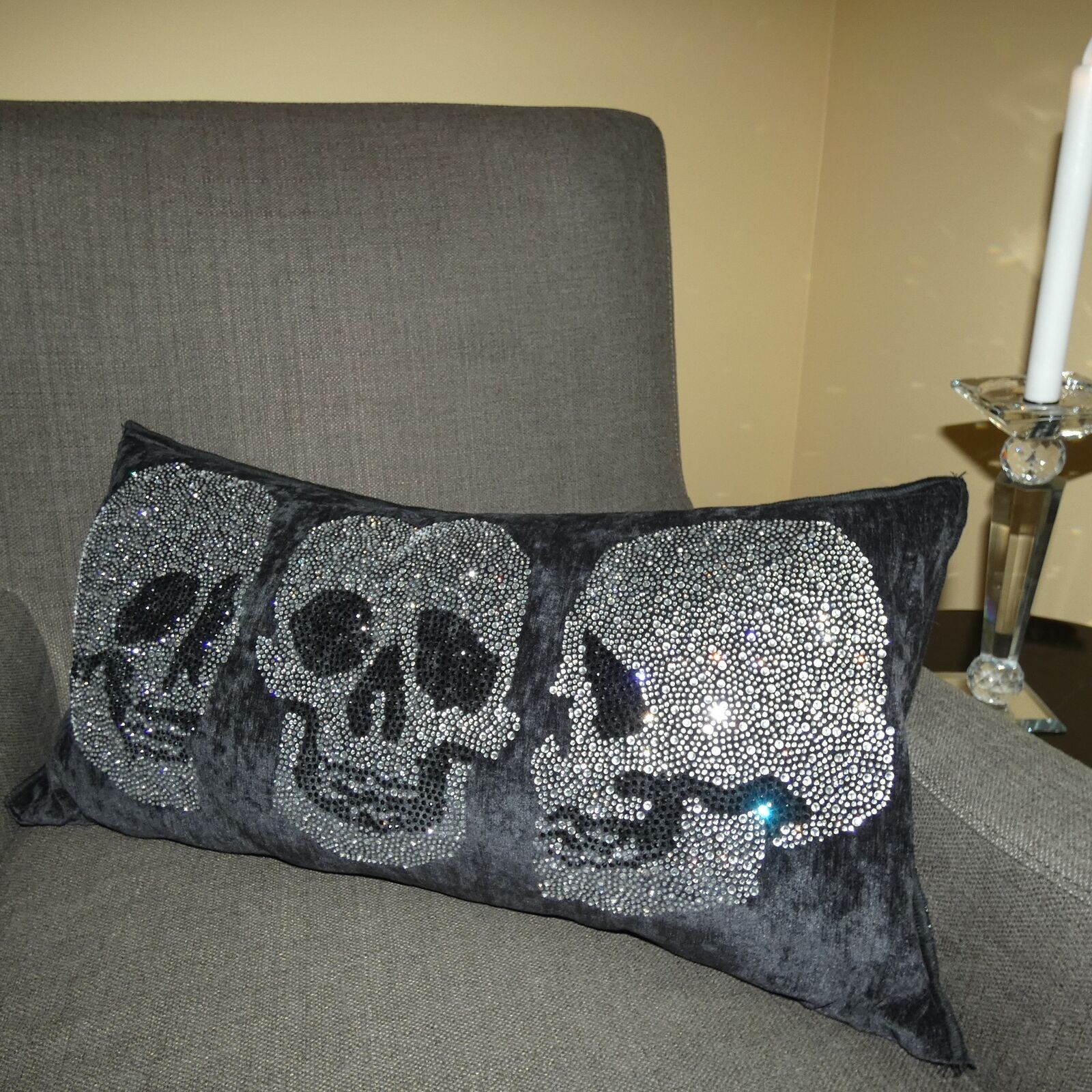Crystal Skull Pillow - Black & Silver Halloween Decor