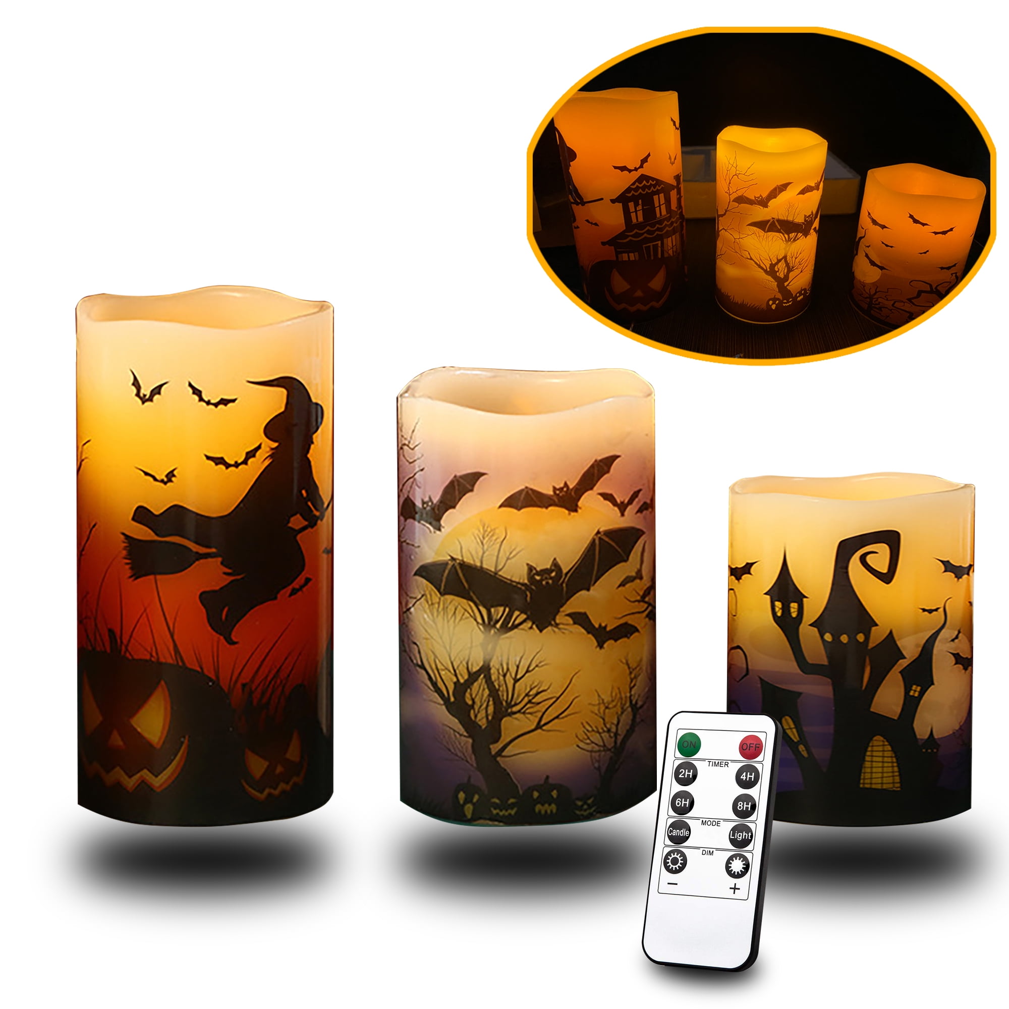 Flameless LED Halloween Pillar Candles with Remote