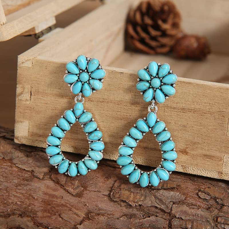 Vintage Turquoise Oval Flower Drop Dangle Earrings Statement