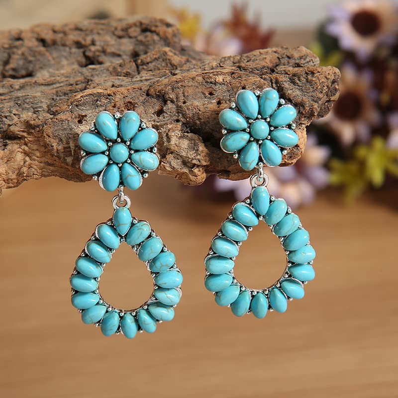 Vintage Turquoise Oval Flower Drop Dangle Earrings Statement