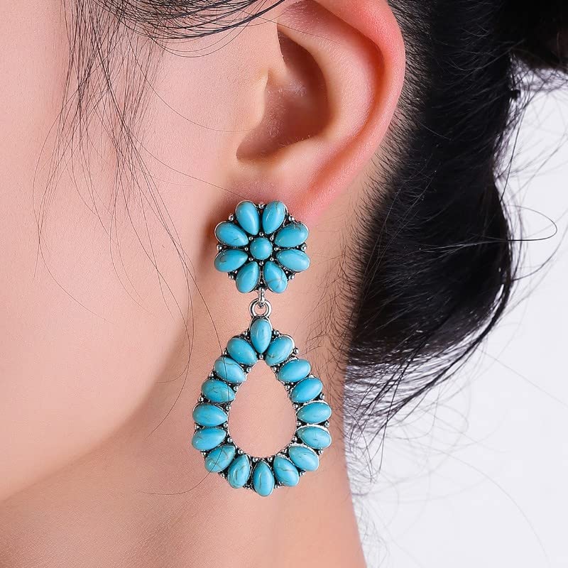 Vintage Turquoise Oval Flower Drop Dangle Earrings Statement