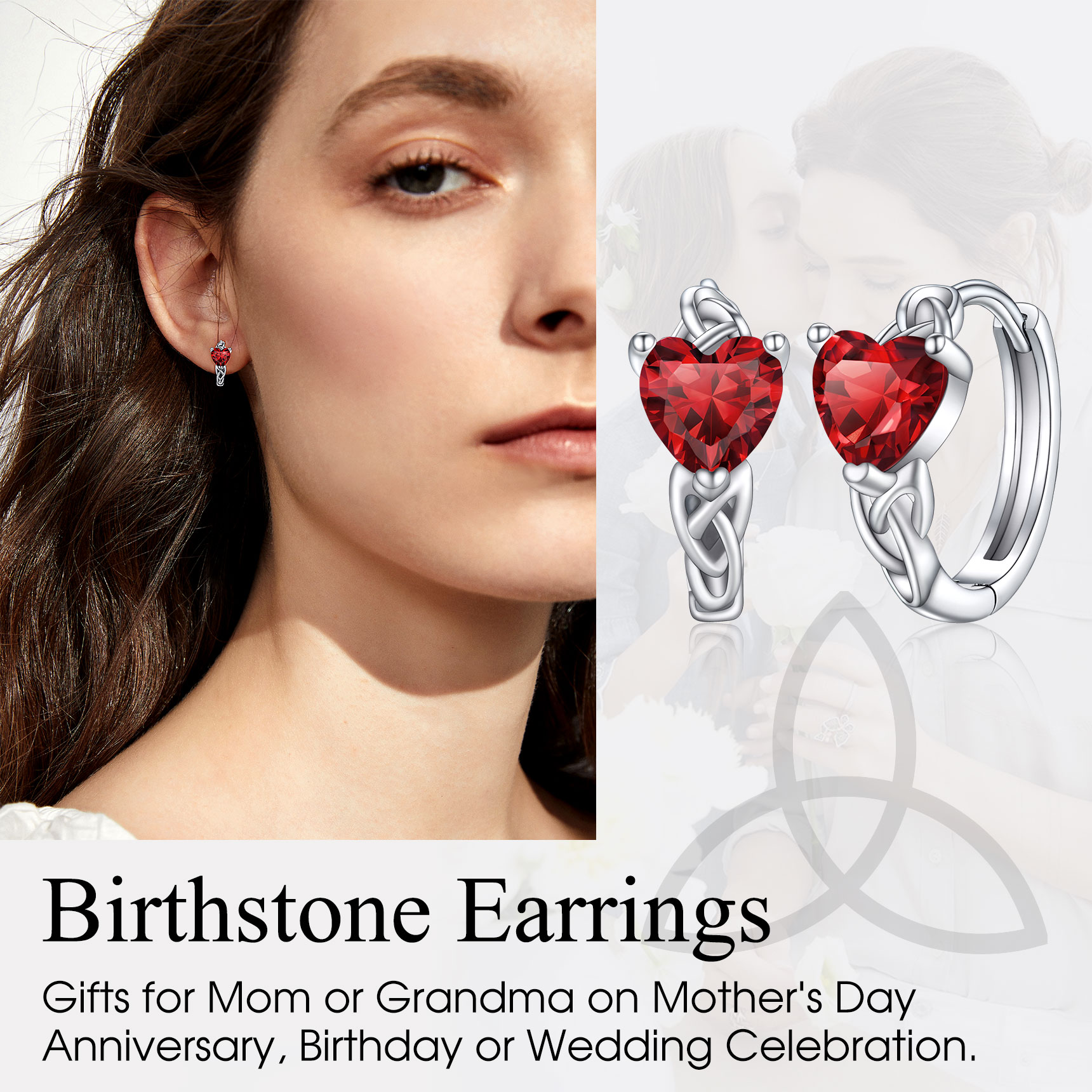 Celtic Knot Silver Hoop Earrings with Aquamarine Heart