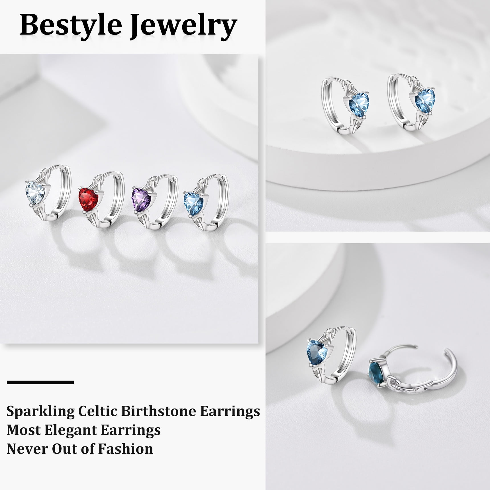 Celtic Knot Silver Hoop Earrings with Aquamarine Heart