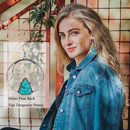 Turquoise Dangling Hoop Earrings Set Silver Cowgirl Vintage