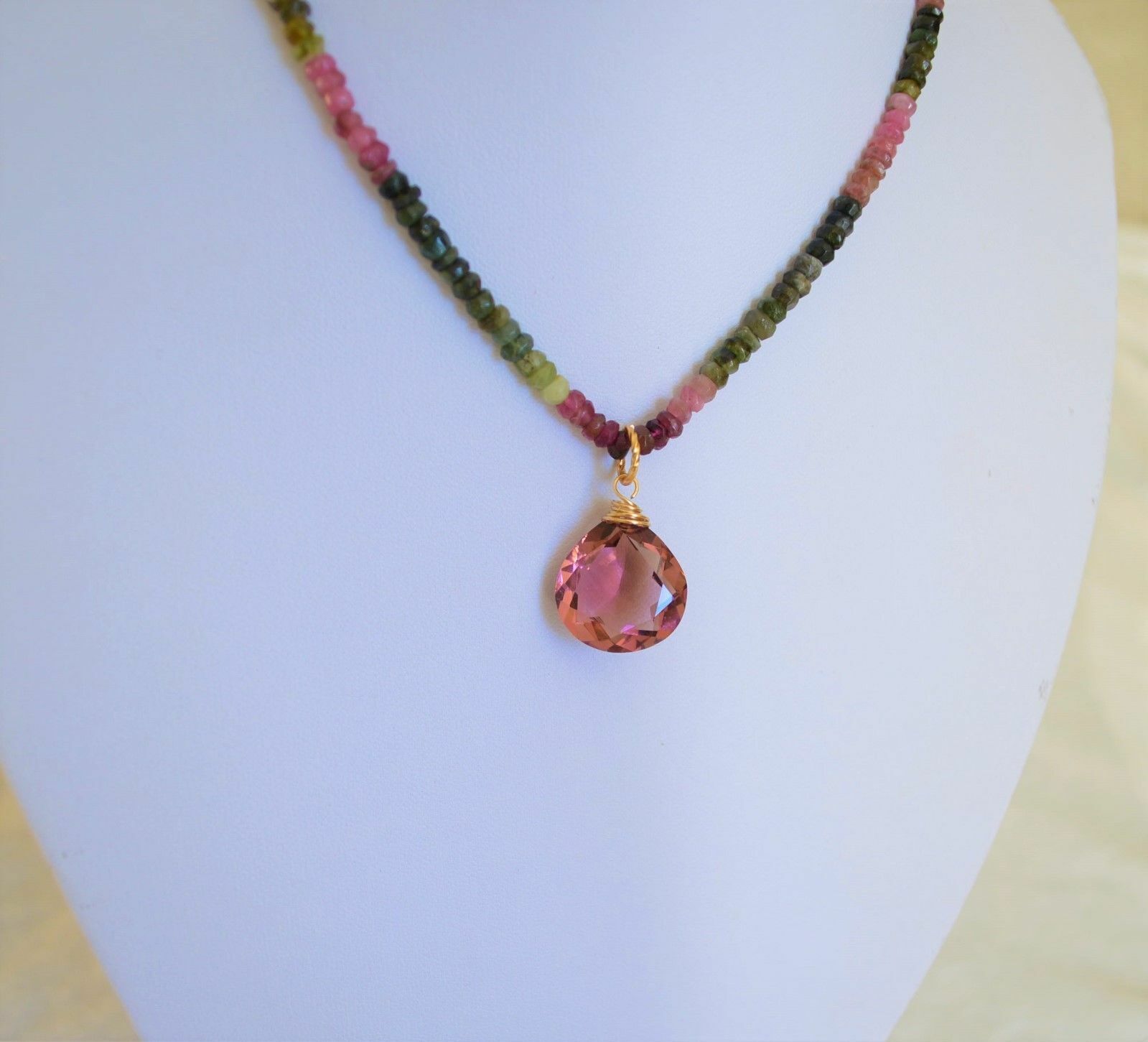Natural Multicolored Tourmaline Yellow Gold Necklace