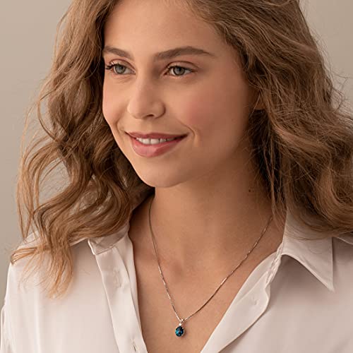 London Blue Topaz Diamond Solitaire Pendant in 14K White Gold