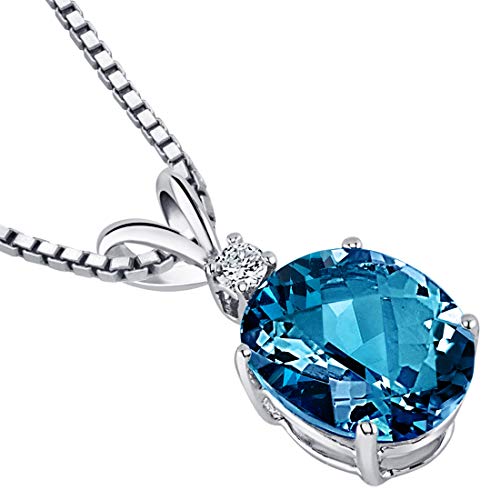 London Blue Topaz Diamond Solitaire Pendant in 14K White Gold