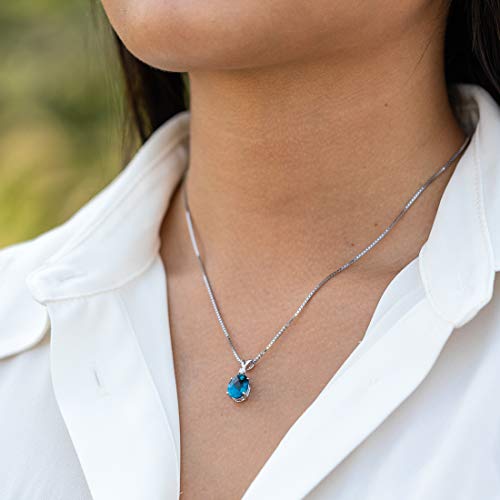 London Blue Topaz Diamond Solitaire Pendant in 14K White Gold