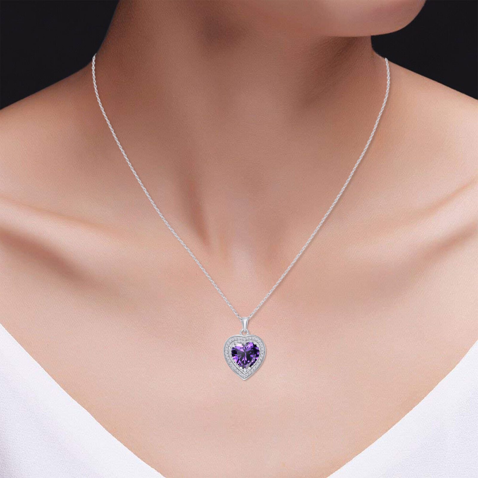 Amethyst & White Sapphire Heart Pendant Necklace Silver