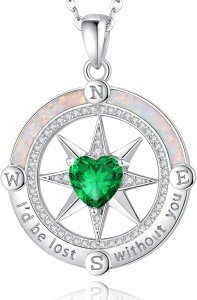 FANCIME Sterling Silver Compass Necklace with Emerald