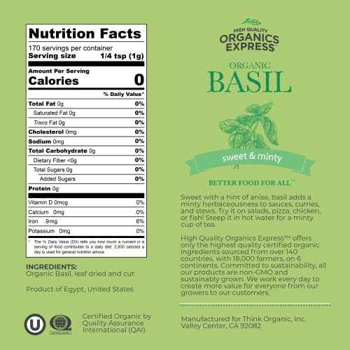 Organic Basil Leaves - Dried, Non-GMO, 6 oz
