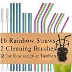 16-Pack Rainbow Metal Straws with Cleaning Brush