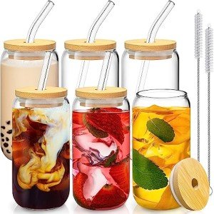 16 Oz Glass Tumblers with Bamboo Lids – Set of 6