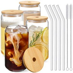 Bamboo Lid Glass Cups with Straws - 4pcs Set