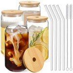 Bamboo Lid Glass Cups with Straws - 4pcs Set