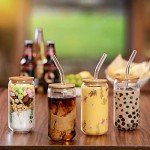 Bamboo Lid Glass Cups with Straws - 4pcs Set
