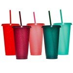 Rainbow Glitter Reusable Tumblers with Lids & Straws