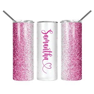 Customized Pink Glitter Tumbler with Lid and Straw
